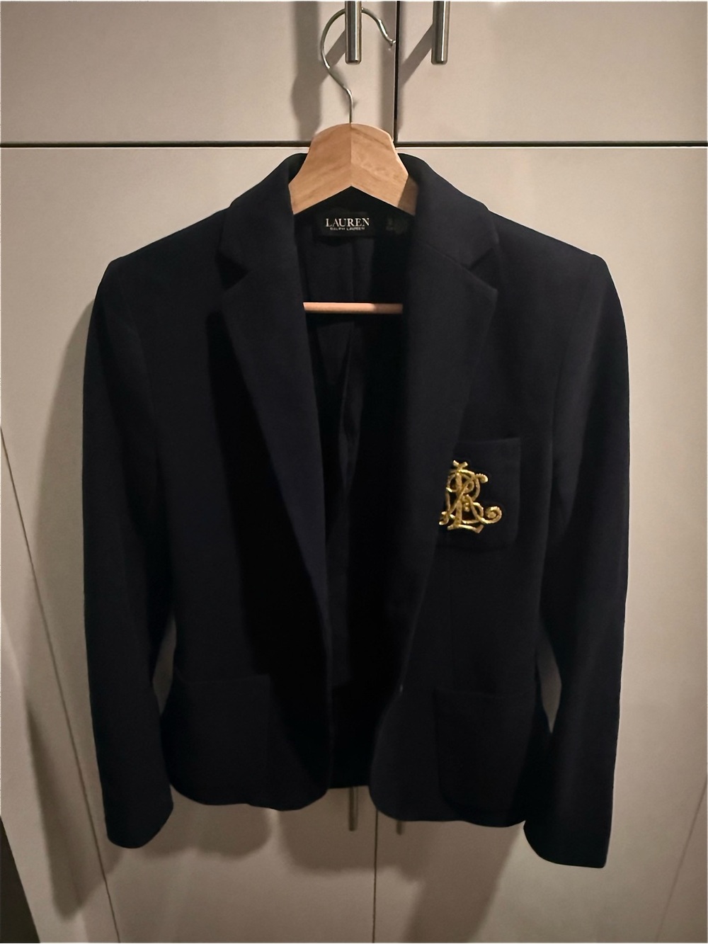 NWOT Ralph Lauren Bullion Navy Blazer with Gold Monogram Crest XS